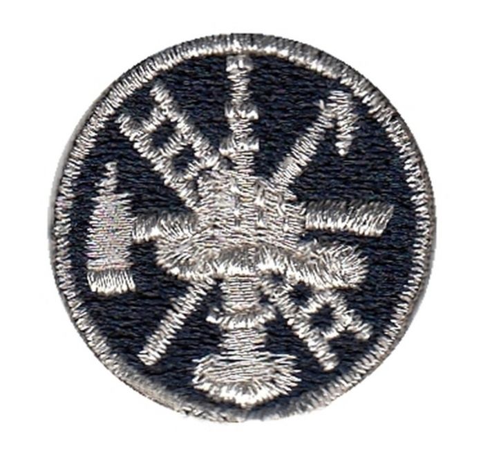 FIRE FIGHTER SCRAMBLE, 1" CIRCLE - METALLIC SILVER ON MIDNIGHT NAVY - SEW ON.